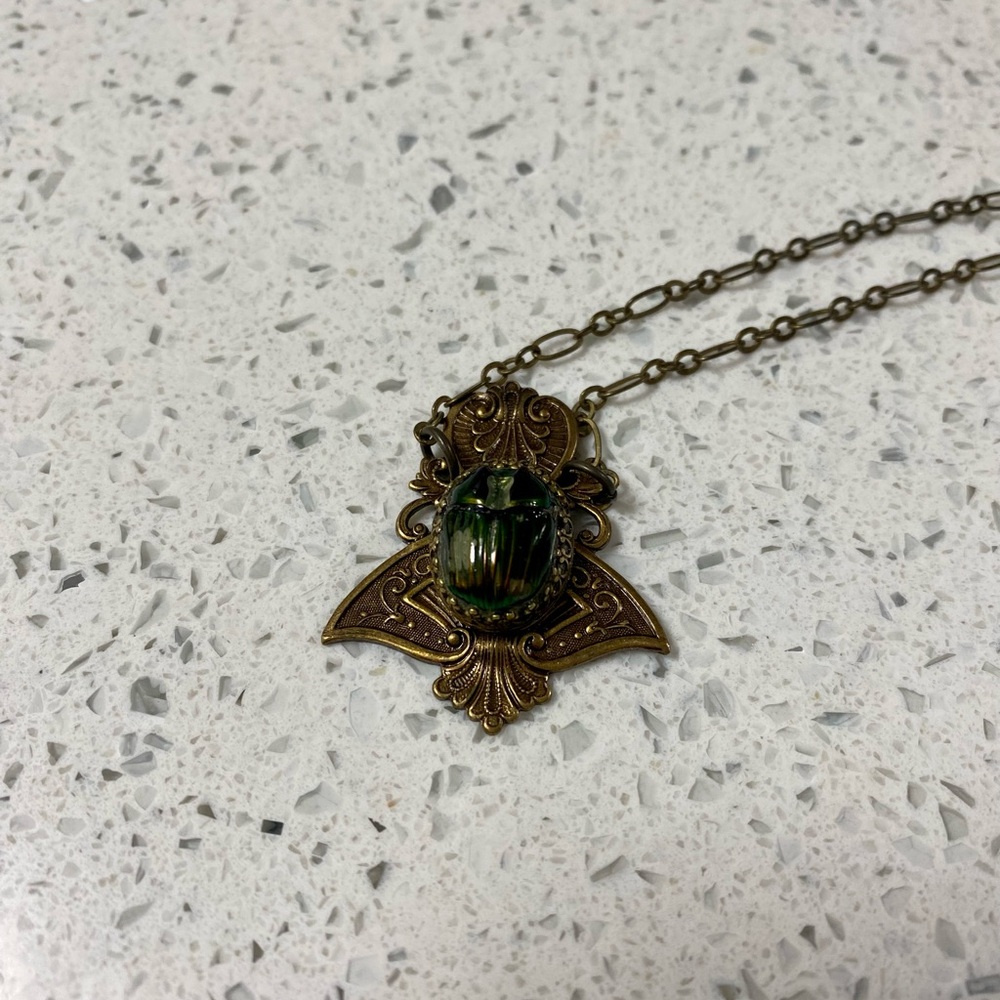 Vintage-Inspired Egyptian style necklace with bronze finish beetle in resin